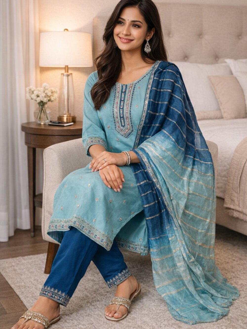 Women’s Aqua Blue Embroidered Kurta Pant & Dupatta 3-Piece Set